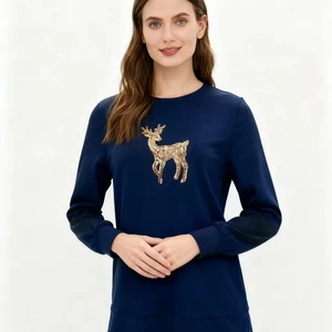 Women's Casual Christmas Deer Machine Sequins Embroidery Neck Breathable 220g French Terry Rayon/Spandex Sweatshirts Pullovers