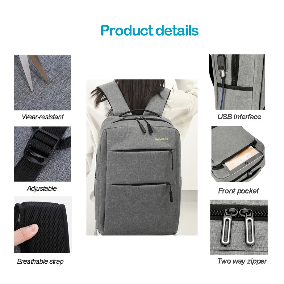 Black Grey Ergonomics Nylon Laptop Backpack Custom Logo Travel Office ...