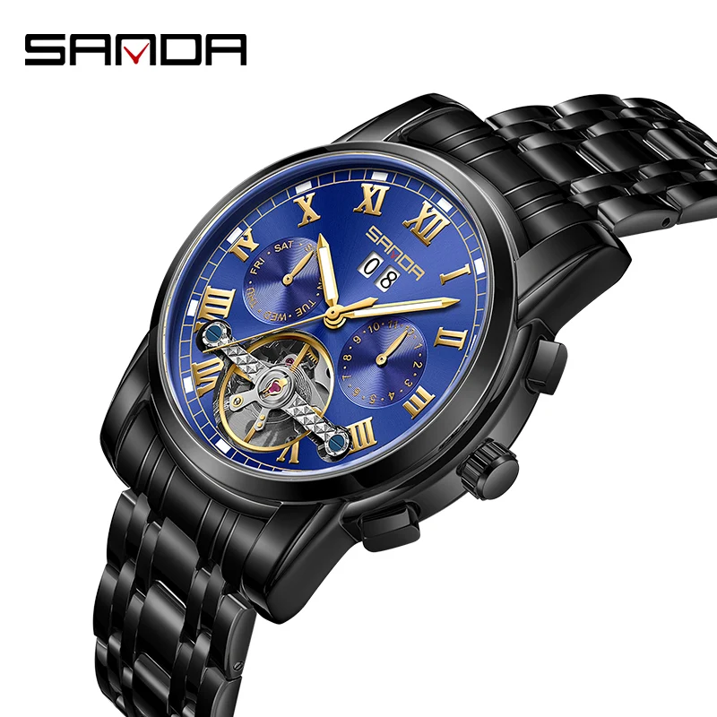 SANDA 7006 Elegant Custom Brand Man Mechanical Watch Stylish Stainless Steel Band Waterproof Date Display Character Business Wri