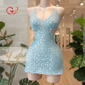 GX9383 Fashion 2025 Summer Sexy Halter V-Neck Sequin Design Backless Sexy Mini Dress Sleeveless Slim Fit Night Club Dresses