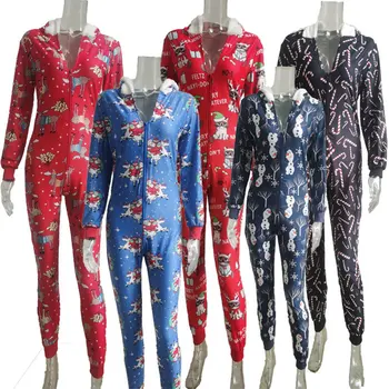 Casual suit adult onesie hooded pajama Christmas print home wear clothing V neck zipper pajama jumpsuit for women