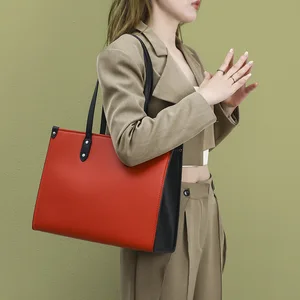 Custom Logo Large PU Vegan Leather Tote Bag High Quality Fashion Portable Shoulder Tote Bag Laptop Handbag for Women Daily