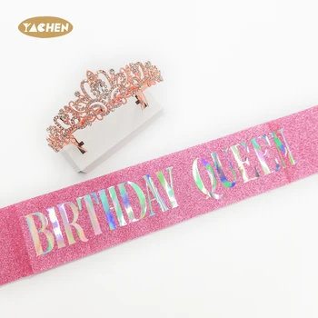 YACHEN Birthday Crown and Queen Sash Rose Gold Rhinestone Birthday Tiara for Women Happy Birthday Accessories Party Favor