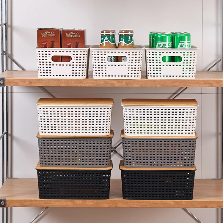 Wholesale 6 Packs Stackable Plastic Storage Bins with Bamboo Lids for Pantry Organization
