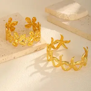 Personalized Waterproof Jewelry Stainless Steel Flower Starfish Shape Bangle 18k Gold Plated Open Bangle Bracelet