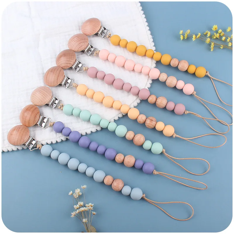 Crown Silicone Beads Natural Wood Dummy Personallised Baby Pacifier Chain Clips 