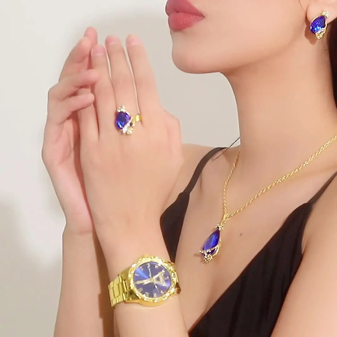 4pcs Jewelry Set  Women's Watch Eiffel Tower Quartz Watch Luxury  Steel Wrist Watch