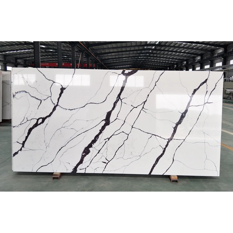 SH STONE Artificial Quartz Slabs White Color With Purple Veins Calacatta White Quartz Stone for Countertops