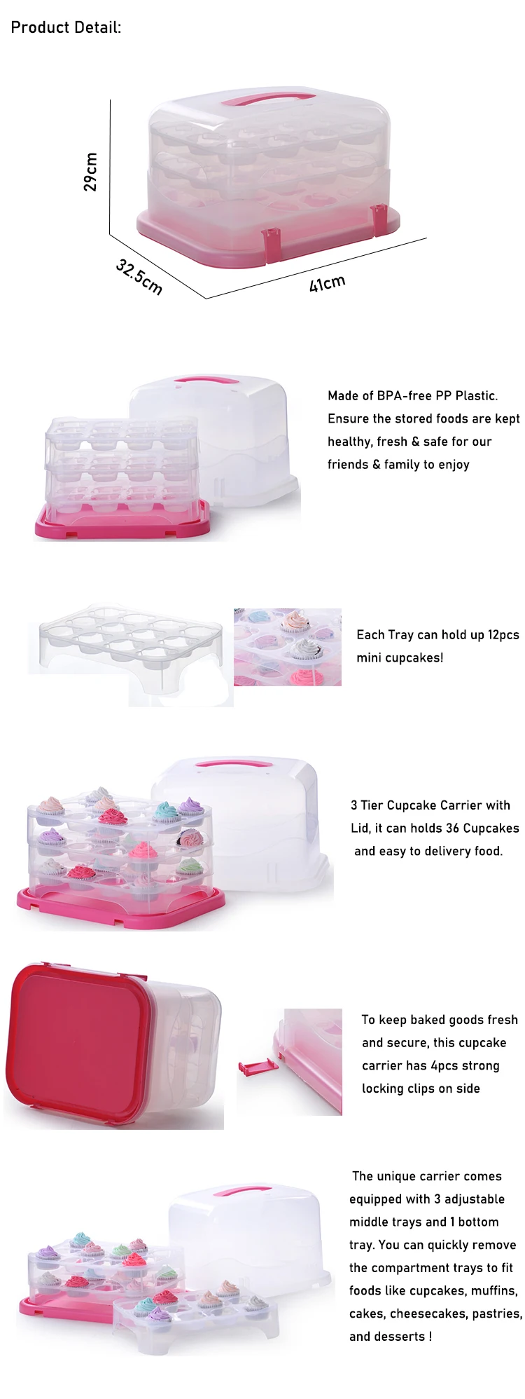 3 Tier Cupcake Carrier with Lid and Handle, Holds 36 Cupcakes