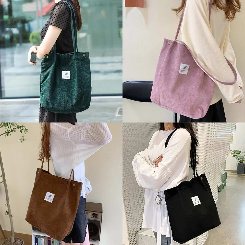 Women Bag Corduroy Shoulder Bags Reusable Cotton Cloth Handbags School Shopping Large Grocery Organizer Shopper Tote Pack factory