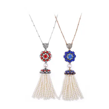 xl01583b Elegant Women Fashion Long Red Blue Vintage Gold Silver Flower Boho Pearl Beaded Tassel Crystal Pendant Necklaces