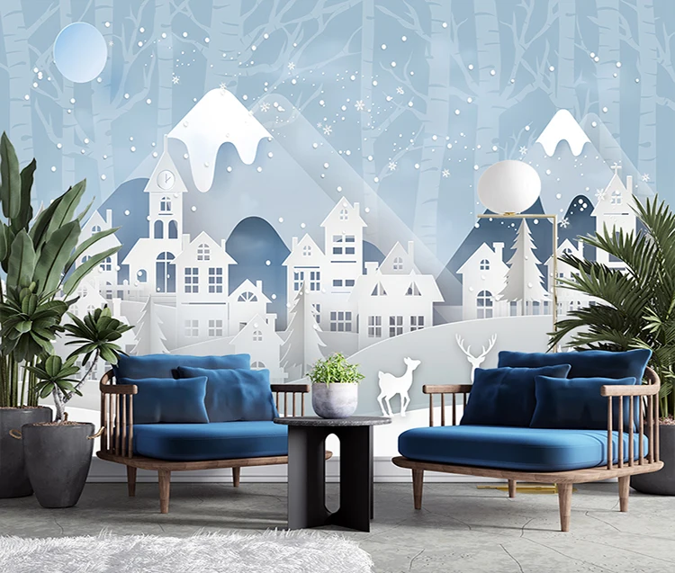 Blue Romantic Children's Room Wallpapers Snowing Elk House 3d Wall Murals  Wallpaper - Buy 3d Design Wallpaper,3d Wall Murals Wallpaper,3d Wallpaper  For Home Decoration Product on 