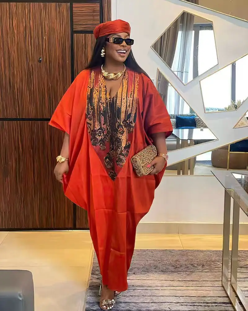 African Muslim Ayaba Ethnic Style Loose Fitting Robe With Headscarf Half  Sleeve Oversized Color Matching Long Maxi Dress