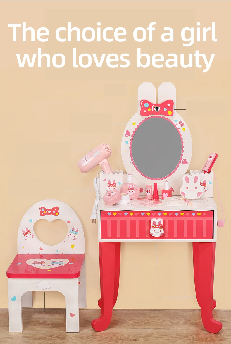Wooden Rabbit Makeup Table And Chair Set Kids' Vanity Toy With Mirror For Little Girls Buy