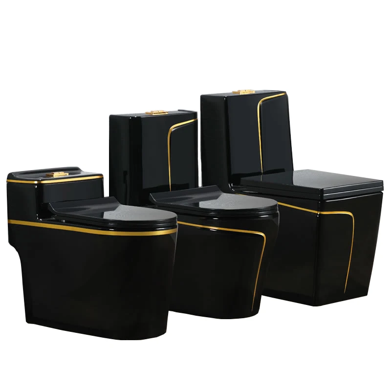 Luxury bathroom sanitary ware ceramic toilet color set black with gold line commode one piece toilet supplier