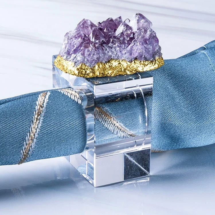 2021 Holiday Fancy Dinner New Cheap Rectangle Hand Made Gemstone Druzy Purple Amethyst Gold Plated Glass Napkin Ring for Wedding