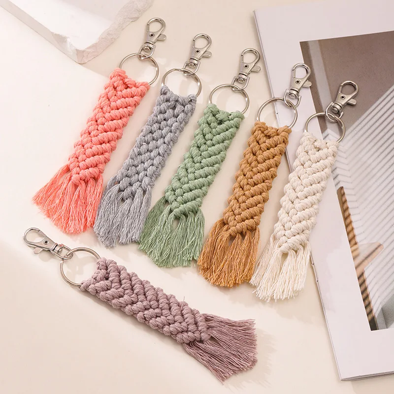 OEM Design Handmade Woven Keychain Ring Cotton Thread Tassel Lace
