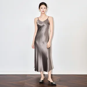 Elegant Light Luxury Satin Acetate Summer Dress Eco-friendly Woven Fabric V-Neck Natural Waist Strap Solid Pattern Floor-Length