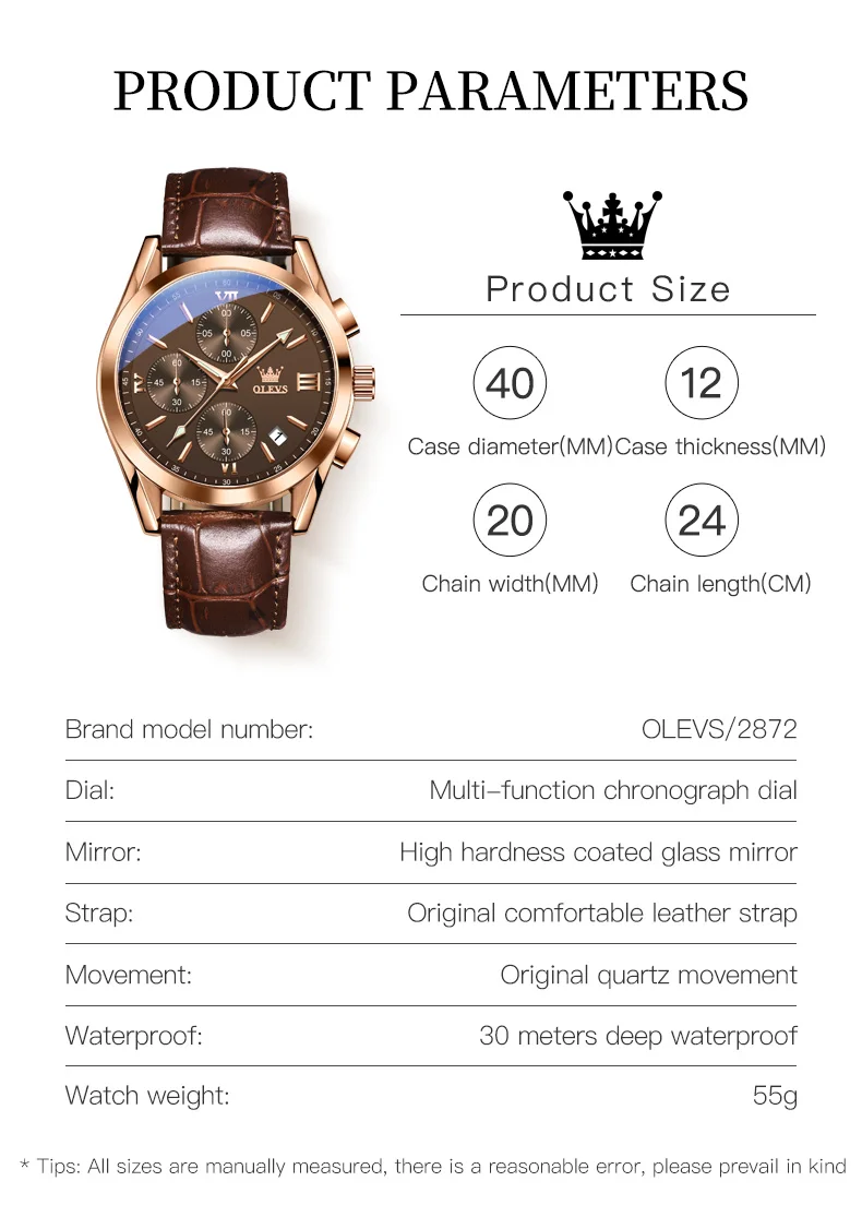 OLEVS Reloj 2872 Top Brand Luxury Waterproof Clock Brown Leather Sports WristWatch Relogio Masculino Quartz Watch For Men