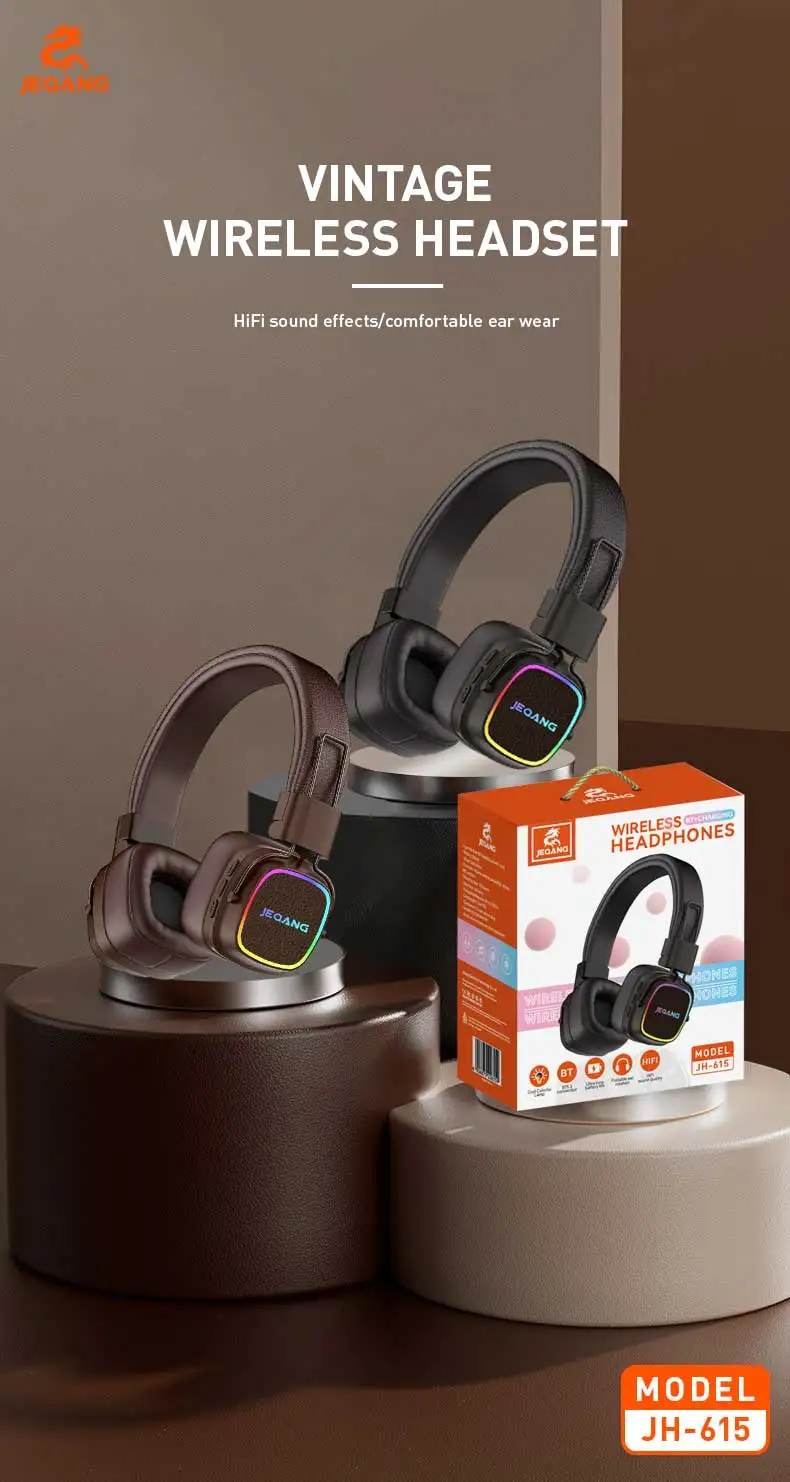 Jeqang New On-Ear BT Headset with RGB Noise Reduction USB Connectors Dynamic VocaLigm for DJ Travel Sports Gaming Office Support