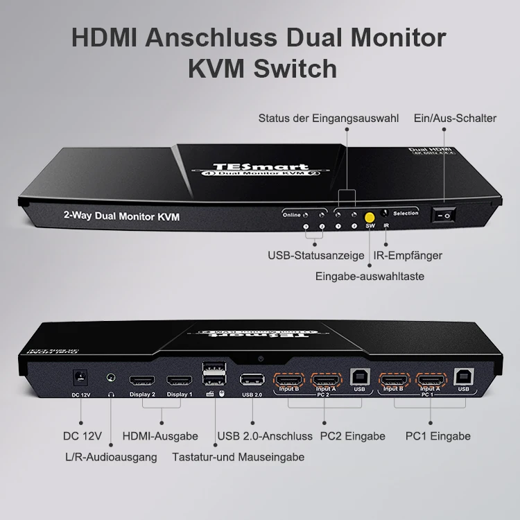 Tesmart Fully Compliant Display Kvm Switch Dual Monitor Edid Hotkey Hdcp2.0 4k60hz 4x2 Hdmi Kvm