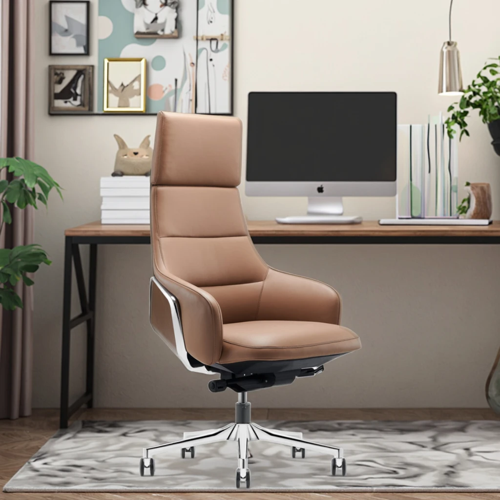 Modern Comfortable Ergonomic Executive Office Chair with Genuine Leather Full Mesh Aluminium Base Adjustable Reclining Footrest 6