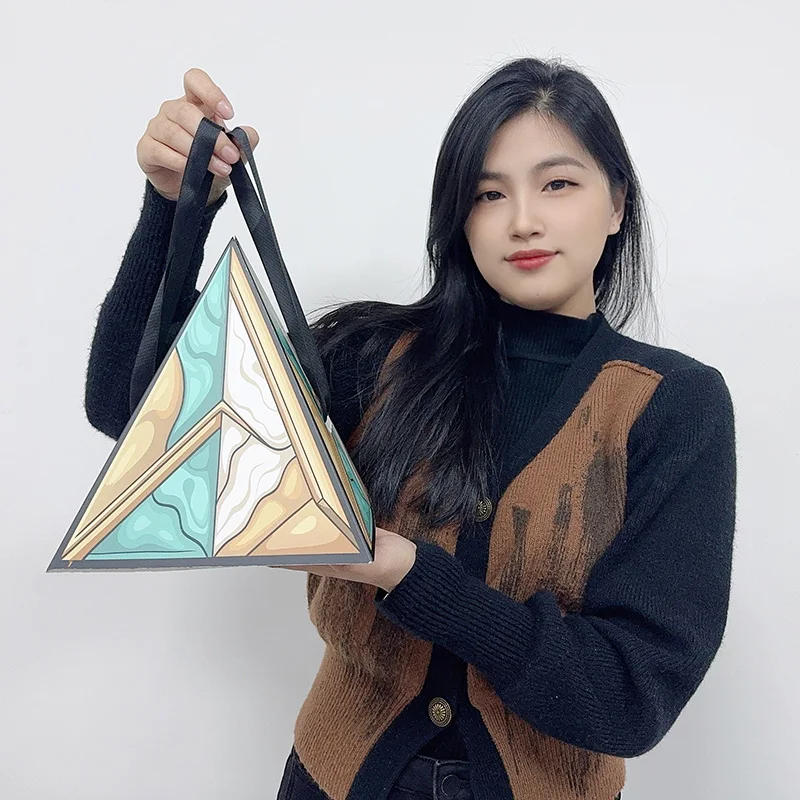 custom pyramid shaped chocolate cookies packaging box with handle bespoke paper packaging for picnic864-1