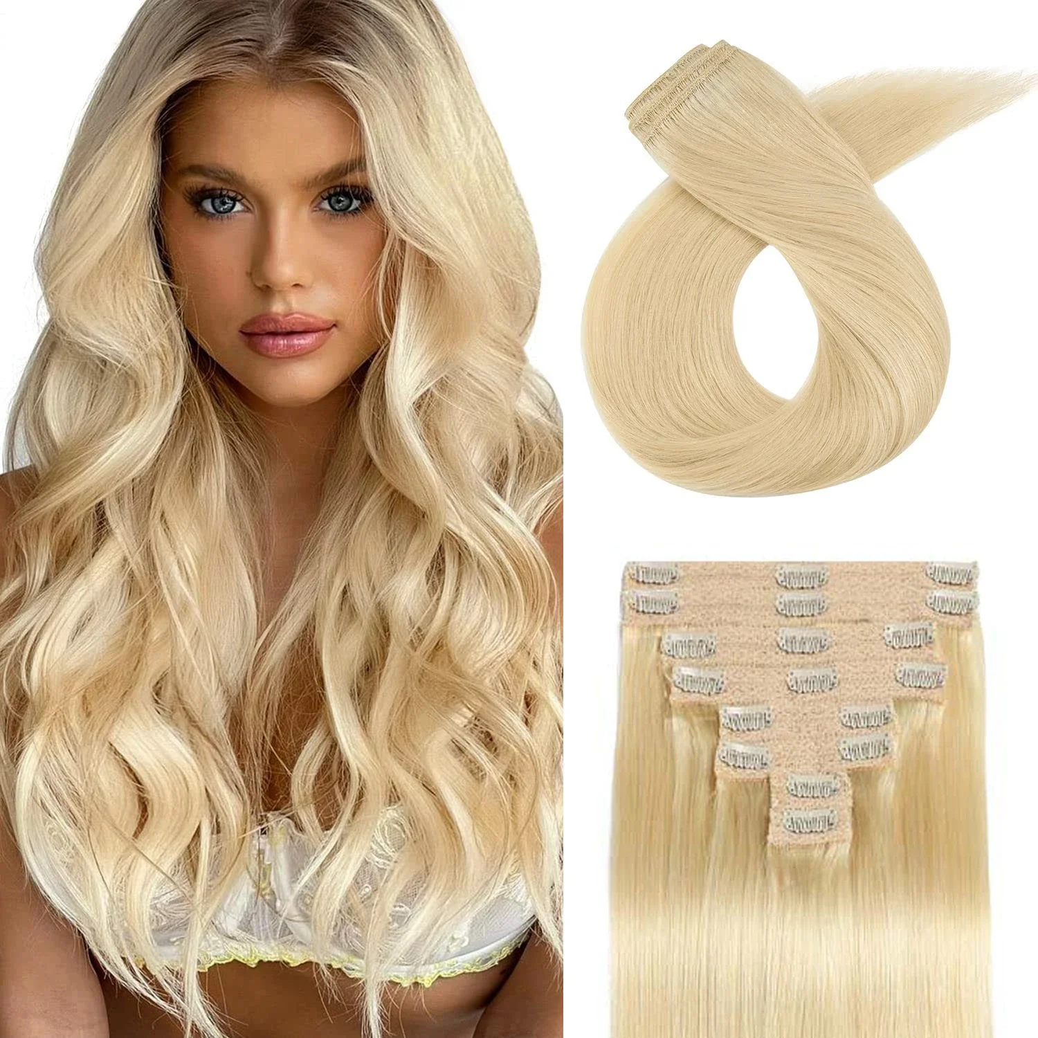 Extensii de păr blonde cu clipsuri, culoare os, 8 buc., păr Remy brazilian, 18 clipsuri, 16-26 inci_voghion.com