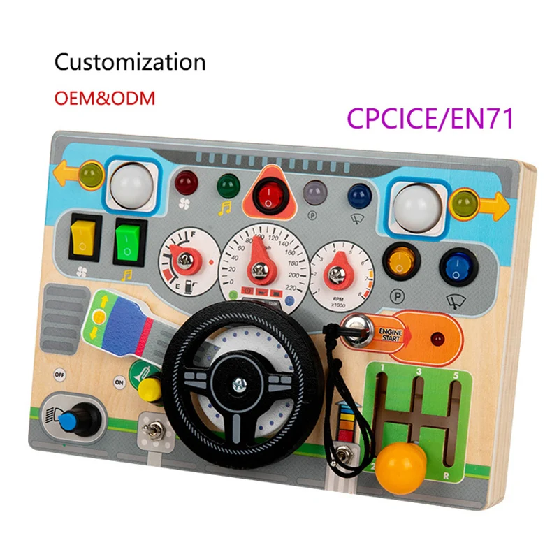 Children Educational Wooden Busy Board Toy LED Light Pretend Steering Wheel Kindergarten Learning Toy Kid Montessori Wooden Toys