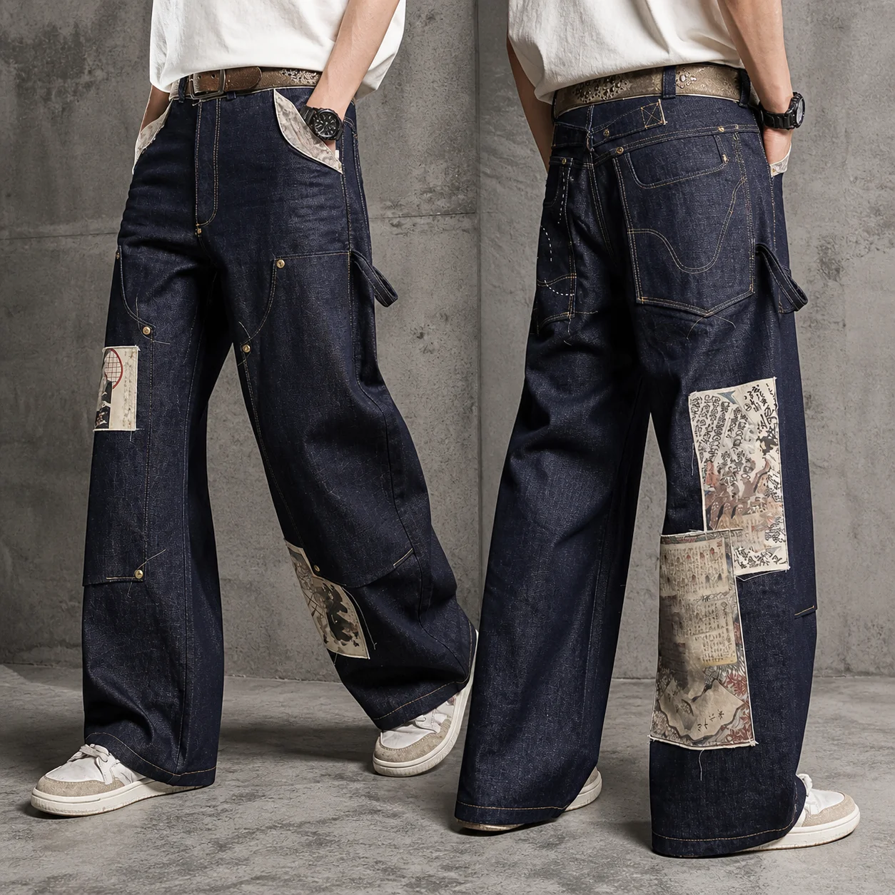 Custom Loose Double Knee Embroidered Printed Straight Fit Raw Japanese Selvedge Vintage Denim Jeans for Men
