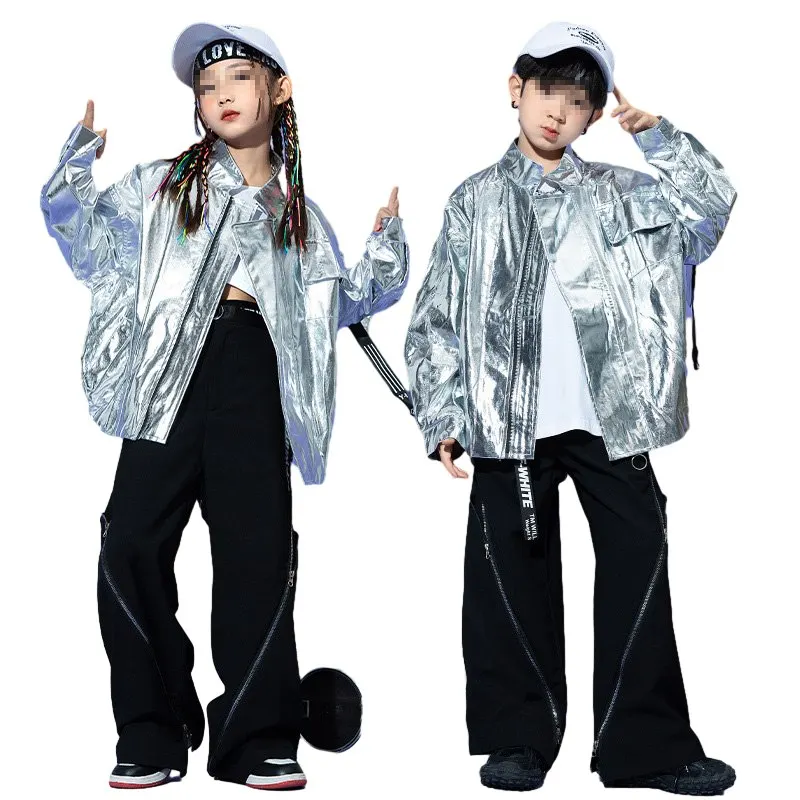 Children's Street Dance Trend Boys Hip Hop Shiny Leather Jacket Pants