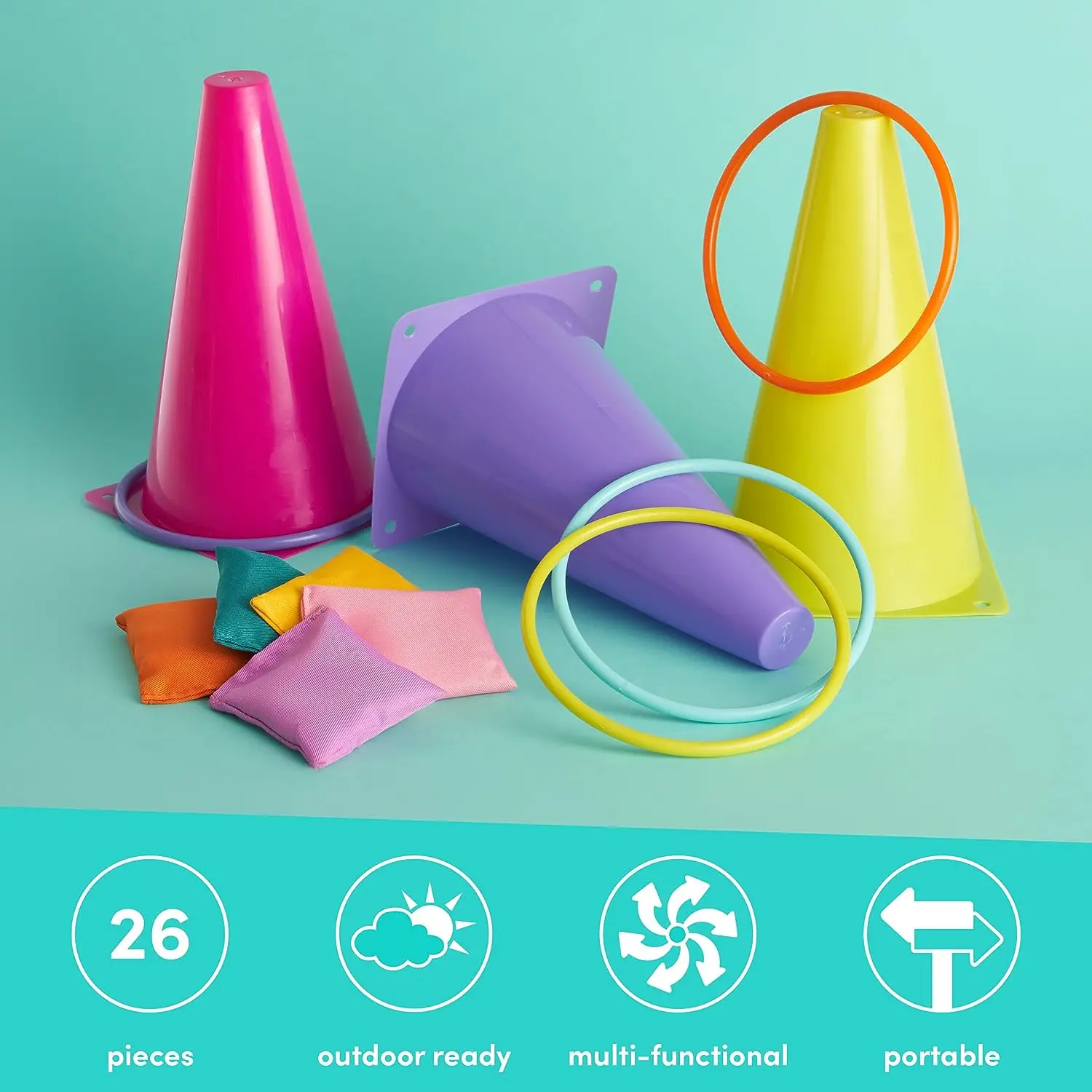Plastic Cones Ring Toss Combo Set Outdoor Carnival Games for Kids Adults Birthday Party Throwing Backyard Lawn Game (28Pcs)
