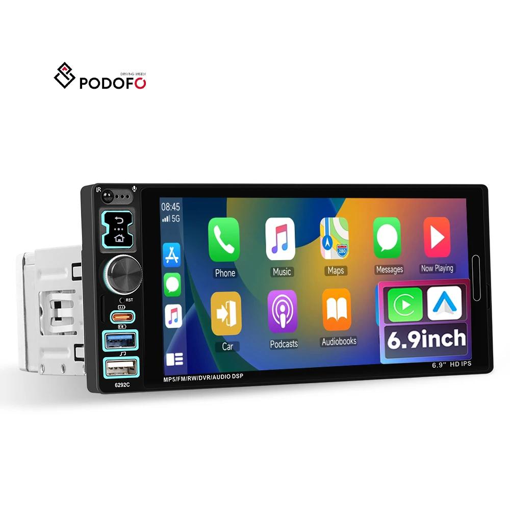 Podofo Universal 1 DIN 6.9 Inch Car MP5 Player Wired Carplay Android Auto Car Radio EQ Remote Control Car Stereo Factory OEM/ODM A4342