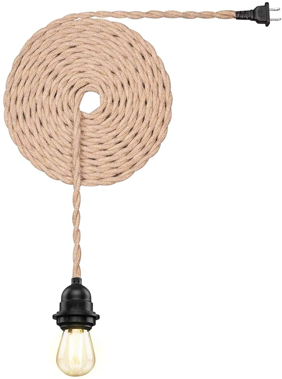 Vintage Waterproof Ceiling Pendant Light Kit with Twisted Hemp Rope Hanging Lighting Cord Fixture 16.6 FT E26 Outdoor Fireproof Chandelier for Industrial DIY Projects Bedroom Bar Backyard Balcony UL