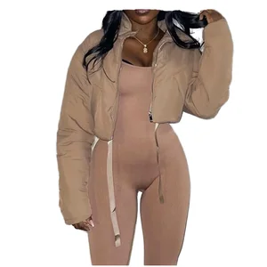 Warm Cotton Fleece Zip Crop Jacket Women Hipster Pocket Turtleneck Full Sleeve Front Logo Solid Street Basic Winter Quilted