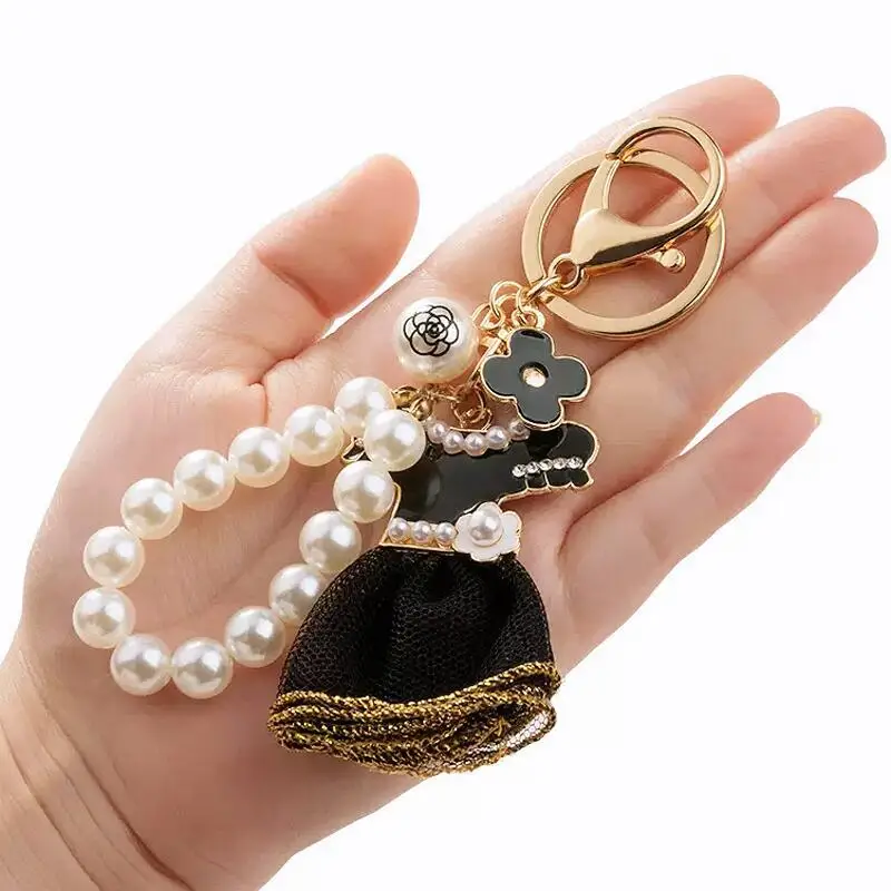 Cute Gift Black Skirt Keychain Pearl Beads Wrist Straps Dress Key Chains  Ladies Bag Charm Pendant Pearl Key Rings Women Keychain