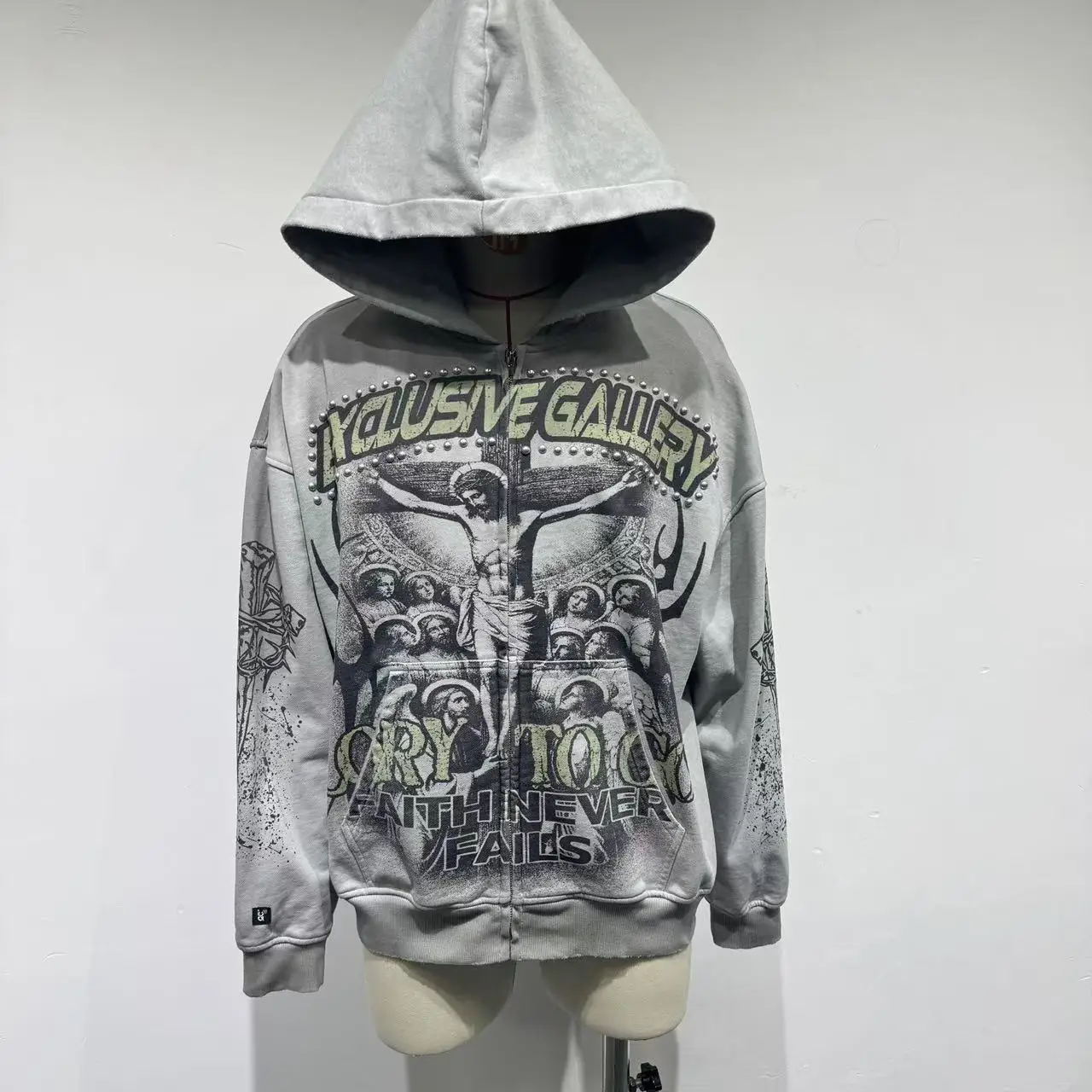 Wholesale Custom High Quality Rhinestone Hoodie Print Zip up Hooded Heavyweight Sun Faded Wash Sweatshirt Hoodies for Men gallery 2
