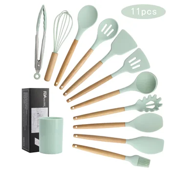 Hot Selling 12 Pieces Silicone Kitchen Utensils Set With Wooden Handle Silicone Kitchen Cooking Utensil Set