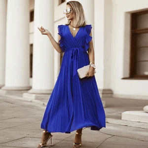 Chiffon Pleated Maxi Dress for Women With Belt 2022 Summer Elegant Slim Casual Long Party Dresses Vestidos