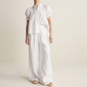 Customized Female Embroider Shirt Cotton Linen Set for Women Hot Selling Blouse Casual Pants  Summer 2-Piece Set