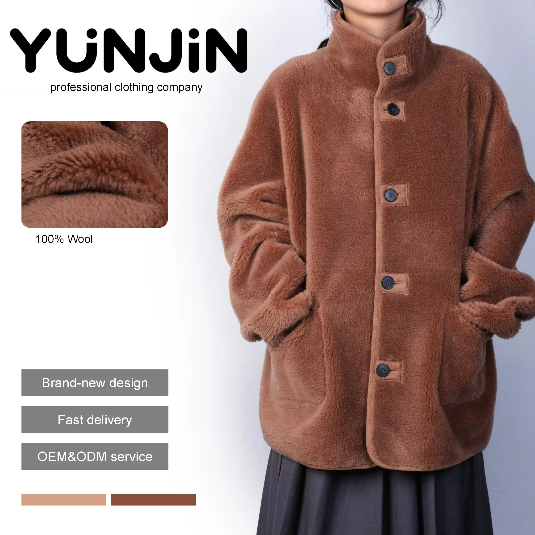 YUNJIN Women's Double-Sided Sheep Shearling Stand Collar Jacket