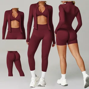 Wholesale Sports Wear Outfit Leggings Gym Jacket 4 Piece High-Rise Seamless Solid Gym Leggings Sports Bras Plus Size Athletic
