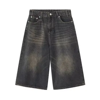 Custom logo wholesale OEM men's and women's shorts vintage blue jean shorts loose straight leg wide leg capri pants