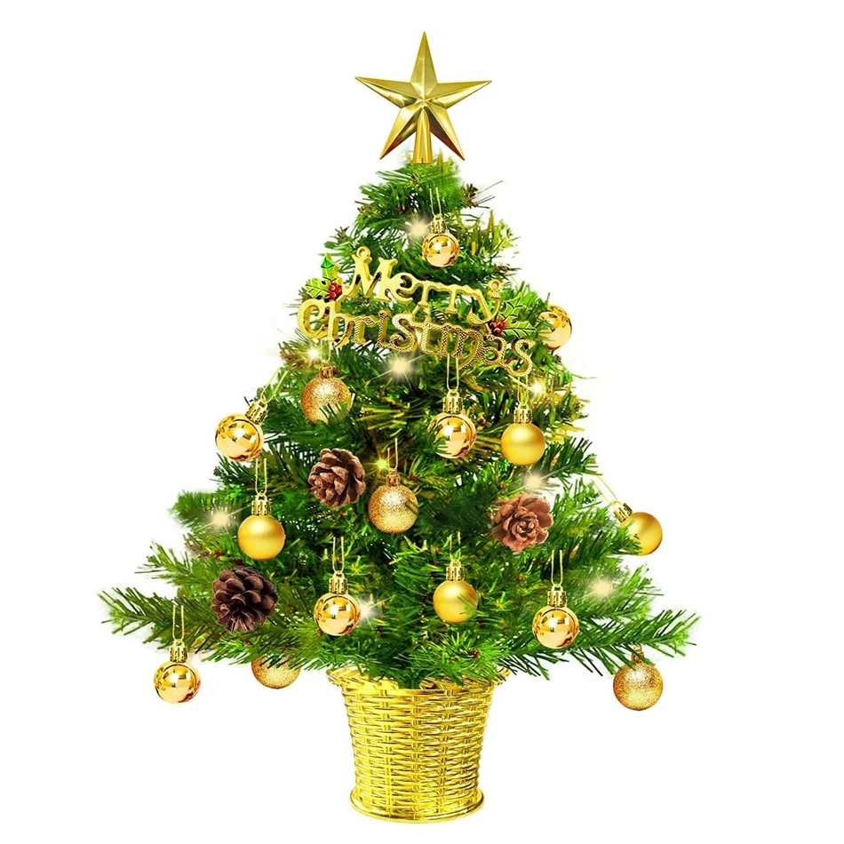 20 Inch Artificial Tabletop Tree 50 CM LED Small Decorated Christmas Trees with Gold Basket