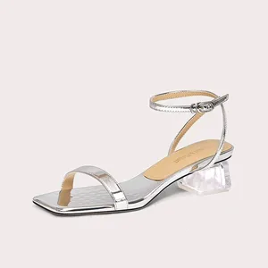 Lily Wei Versatile Women Sandals 4cm Clear Block Heel Square Toe Ankle Strap Silver Shiny Elegant for Daily