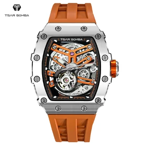 For TSAR BOMBA Automatic Wrist Watches for Men 50 Meter Water Resistant Mechanical Watch Analog Dial Silicone Band Tonneau Case