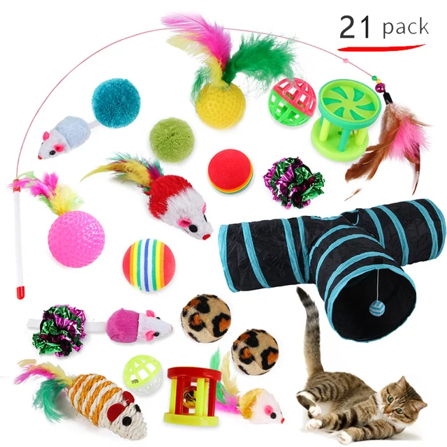 Hot Selling New Interactive Cat Toy Tunnel Mouse Toys Pack Tunnel  Feather Teaser Wand  Fluffy Cat  Toys