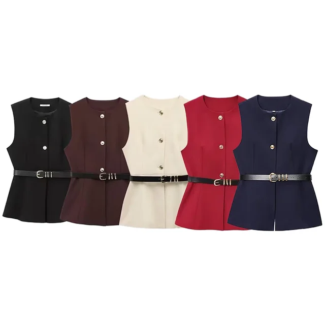 2025 Cross-Border Spring Fall New European American Ins Fashionable Women's Casual Outer Wear Belted Long Hair Vest 9300525