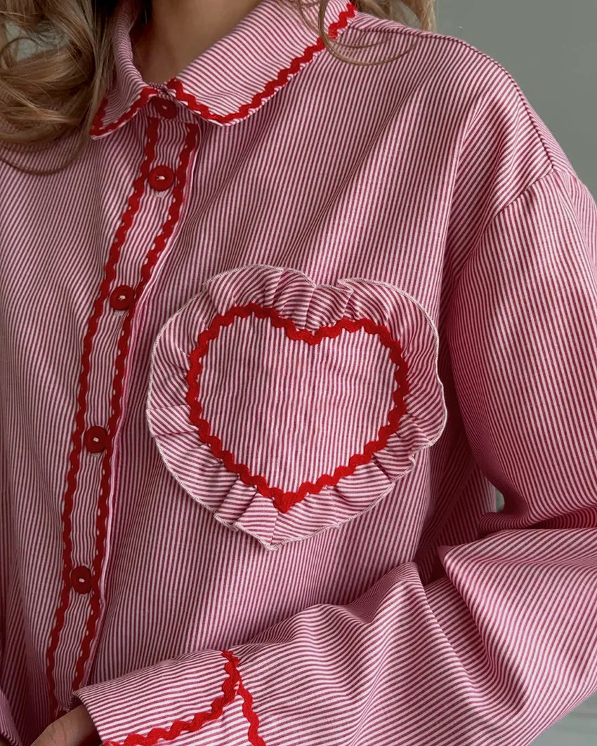 Christmas Women Pink Striped Pajama Set  Cotton Long Sleeve Ruffle Trim Button Front Two Piece Homewear — detail
