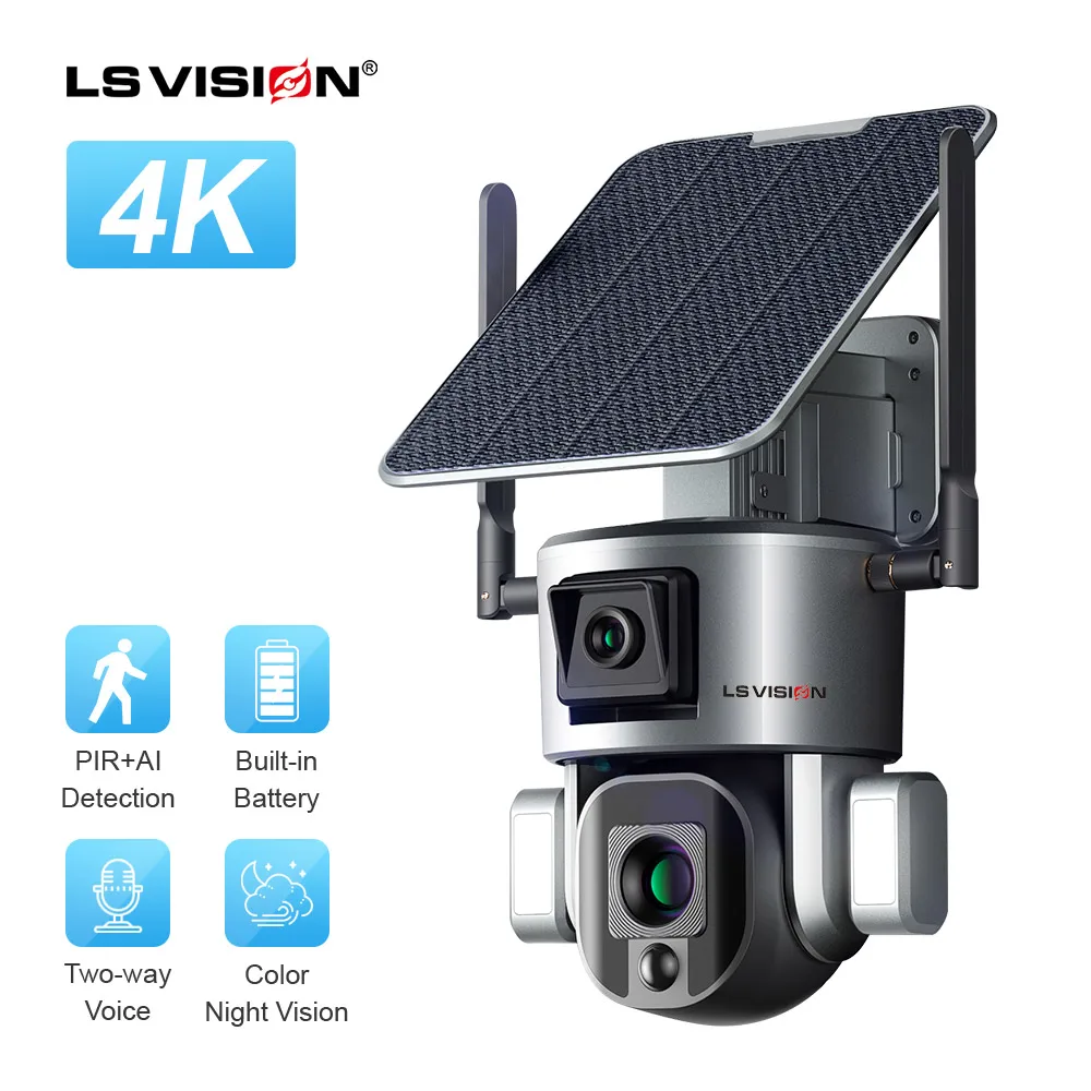 LS VISION 4K Dual Lens 4G Outdoor Security System Wireless 10X Optical Zoom Light Floodlight 4G SIM Card Solar Cameras